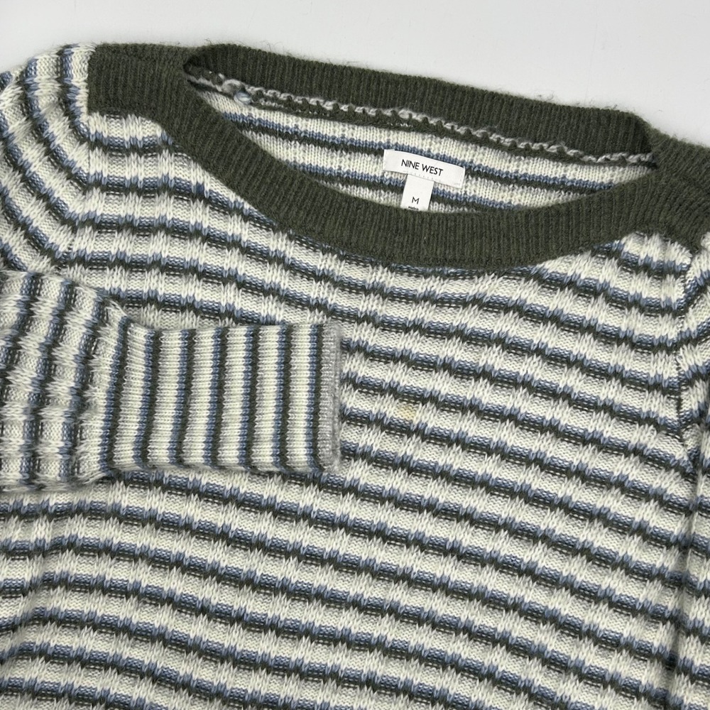 Nine West Striped Sweater Green White Blue Knit Casual Pullover Size Medium